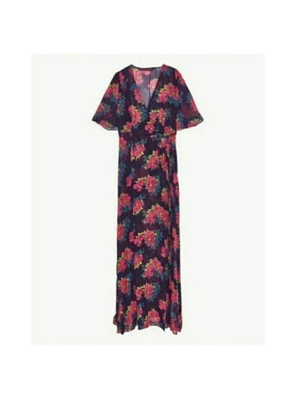 Zara Blue Maxi Wrap Dress Sheer Floral Chiffon V-Neck Short Flutter Sleeve S